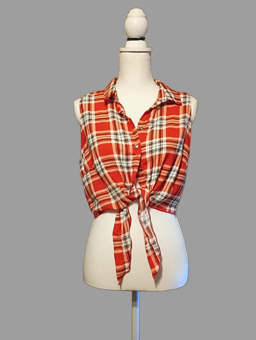 Sleeveless Red Plaid Tie-Front Button-Down Top